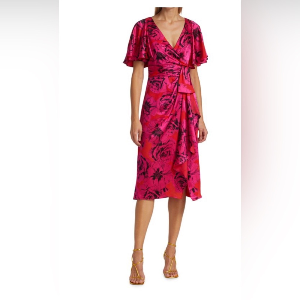 Theia Sadie Floral Satin Wrap Dress ,size 4